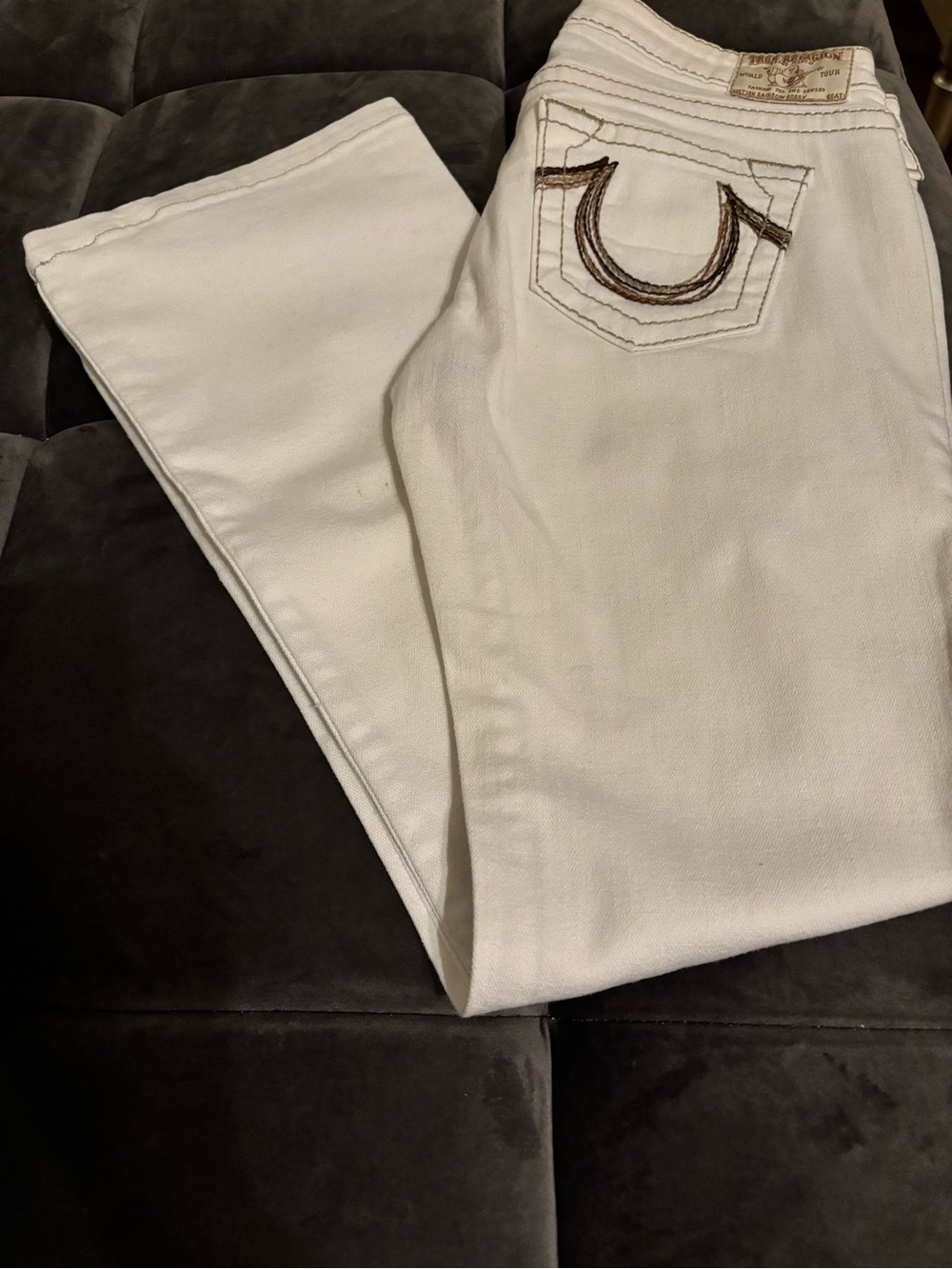 True Religion White Boot Leg Jeans with Brown Contrast Stitching